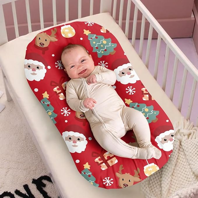 Santa Claus Reindeer Baby Lounger Cover Soft & Breathable Newborn Nest Backup Cover for Baby Girls Portable Infant Lounger Protector, Christmas