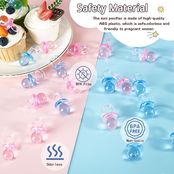 36 Acrylic Pacifiers for Baby Shower Game Boy and Girl, 1.75 Inch Cute Baby Shower Pacifiers for Baby Shower Decoration DIY, Gender Reveal Party Table Scatter, Baby Shower Favors (Blue&Pink)
