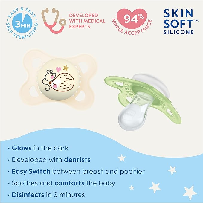 MAM Night Pacifiers with Glow-in-Dark Buttons, 0-6 Months (2 Pacifiers & Case) & MAM Original Newborn Pacifiers, 0-3 Months (2 Count)