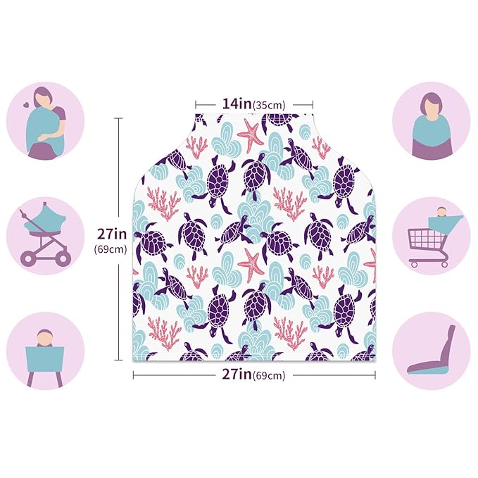 Baby Car Seat Stroller Covers Purple Sea Turtles Marine Starfish Nursing Cover Breastfeeding Scarf Soft Breathable Stretchy Coverage Carseat Canopy Cover for Boys and Girls Soft Breathable Multi Use