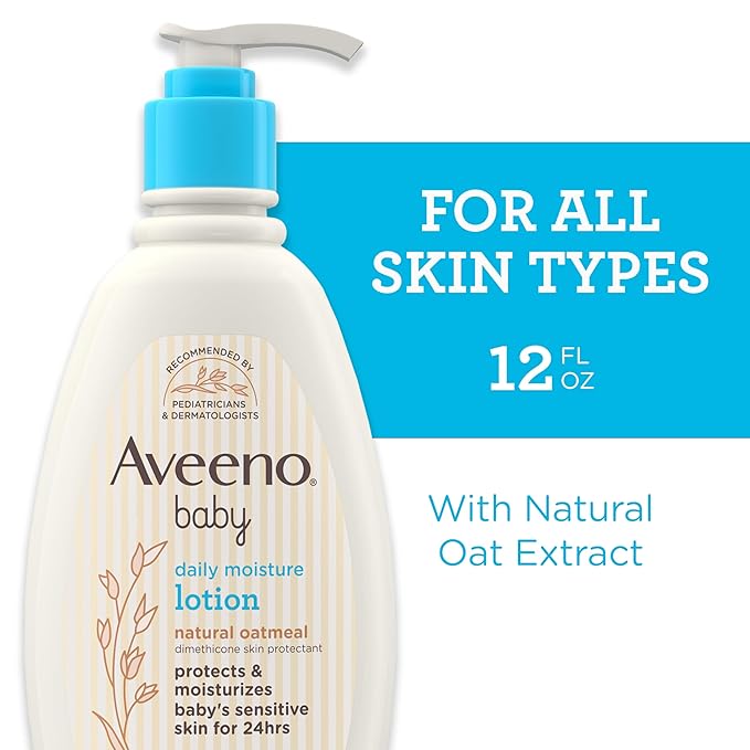 Aveeno Baby Daily Moisture Body Lotion for Sensitive Skin, Hypoallergenic Moisturizing Baby Lotion with Nourishing Oatmeal to Deeply Moisturize Baby's Skin, Fragrance-Free, 12 fl. oz
