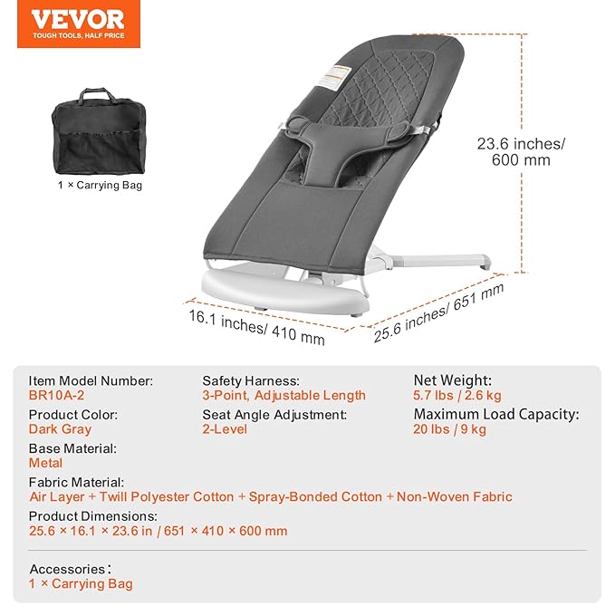 VEVOR Baby Bouncer, Folding Bouncer Seat for Babies 0-9 Months, Portable Baby Bouncer Seat with 2 Reclining Angles, 3-Point Harness & Carrying Bag, Ideal for Indoors Outdoors, Dark Gray