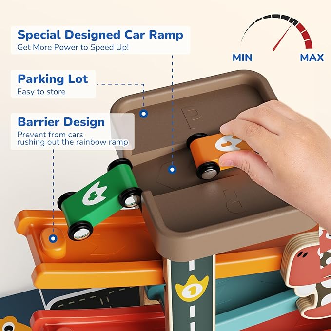Montessori Car Ramp Toy for Toddlers 1 2 3 Year Old Wooden Dinosaur Race Track with 6 Cars & Parking Garage Kids Play Cars & Race Cars Birthday for 1-3 Boys Girls Baby Motor Skills Toy