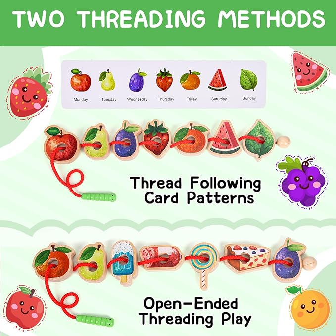 2025 New Upgrade Wooden Greedy Caterpillar Rope Toy, 2.5in Fruit & Vegetable Caterpillar Lacing Bead String Game, Montessori Fine Motor Skills Farm Toys for 3+ Year Old
