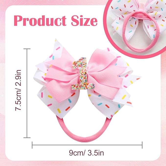 1st Birthday Hair Bow for Baby Girls, Pink Headband Hair Accessories for Girls 1 2 3 4 5 6 Years Birthday Confetti Ice Cream Party Supplies Decorations