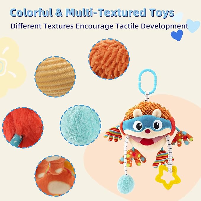 Car Seat Toys Hanging Baby Sensory Ball, Infant Roadtrip Travel Toys 0-6-12 Months with Rattle, Squeaky, Crinkle,Teether, Textures, Soft Montessori Plush Toys Newborn Gift Boys Girls