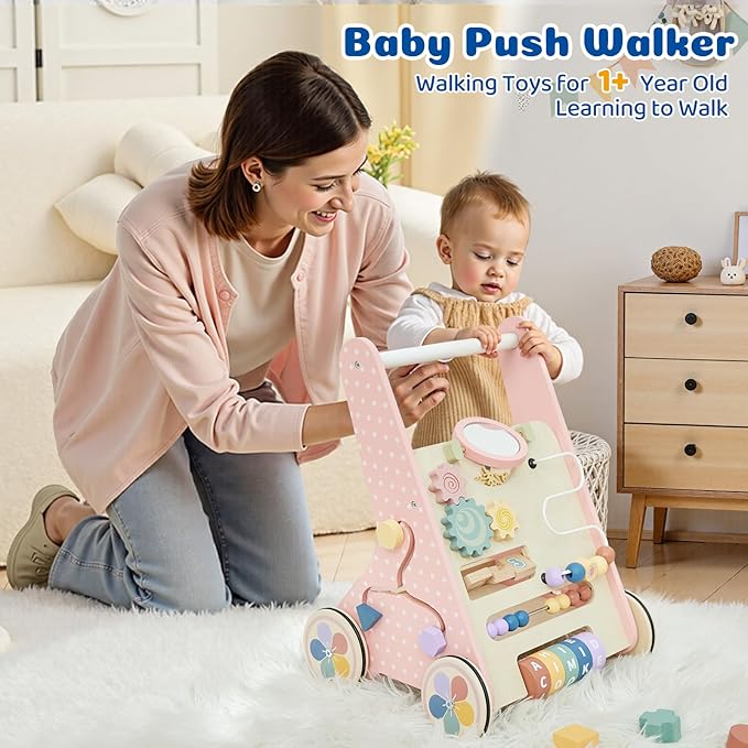 Pink Baby Push Walker for Girls 10+ Months, Wooden Baby Walker Push Toy with Storage, Learning to Walk, Montessori Walker Toy with Wheels, Toddler Activity Center for 12-18 Months