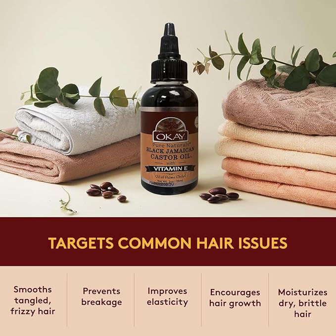Okay Pure Naturals Black Jamaican Castor Oil with Vitamin E - Castor Oil for Hair Health, Moisture for Skin, Body, Scalp, Eyelashes, Eyebrows, for Men & Women - 4 fl oz Glass Bottle (1 Pack)