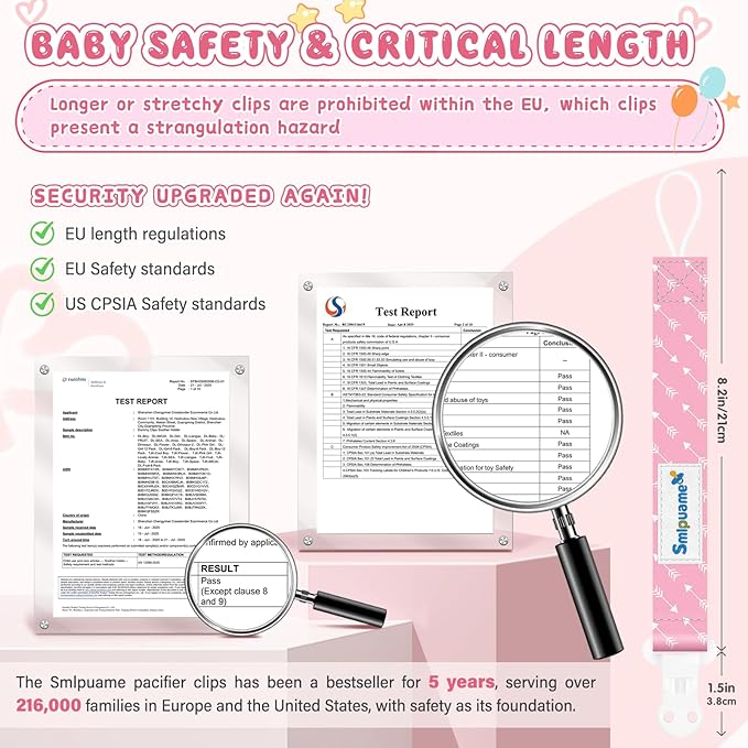 Smlpuame Pacifier Clip Girl,6 Pack Stylish Binky Clips Strap for Baby Girls,Paci Holder with Clip Lightweight Universal Fits Most Pacifiers Teether Toy Teething Ring Soothie,Baby Gifts(Pink & Grey)