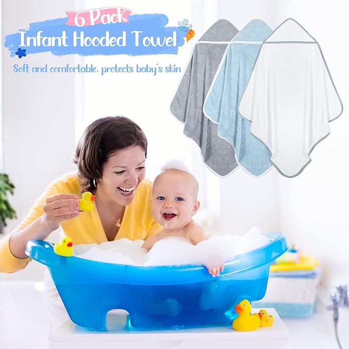 Chumia 6 Pack Baby Hooded Towels Baby Bath Towel Absorbent Soft Hooded Towel for Babies Shower Essentials Hooded(White, Gray, Blue, Simple Design)