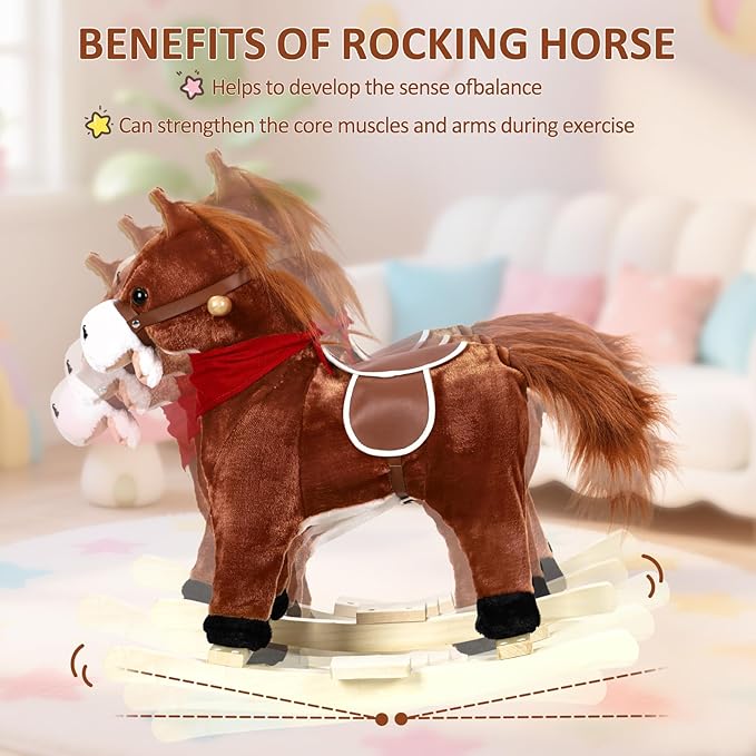 Rocking Horse for Toddlers Ages 1-6, Plush Ride On Toy with Sounds Moving Mouth & Wagging Tail, Interactive Wooden Rocker for Kids, Baby Rocking Chair Toys up to 120kg (Dark Brown Small)