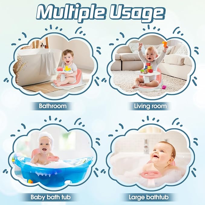 Baby Bath Seat with Tray for Babies 6 Months & Up, Baby Bathtub Seat with Ultra Strong Suction Cups, Infant Bathtub Support Chair Soft Cushion & Ergonomic Backrest, Ideal Gift for Infants (Pink)