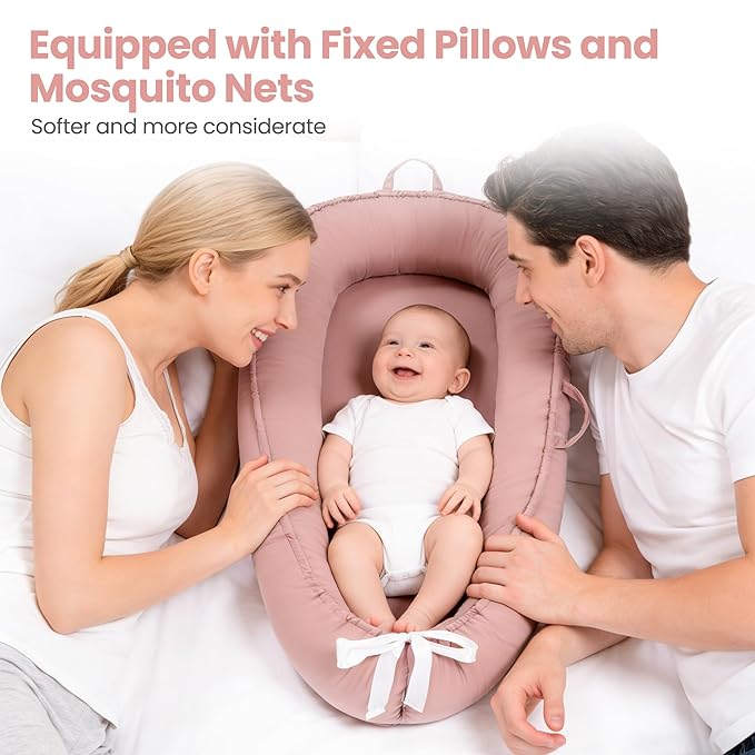 Alened Baby Lounger for Newborn 0-12 Months, Portable Infant Lounge on Floor for Supervised Tummy Time, Babies Support Pad with Breathable Cotton for New Born Awake Use Only - Pink