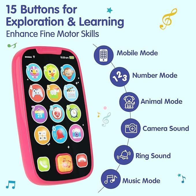 BABYFUNY Toys for 1 Year Old Girl Gifts, 15 Functions Phone Toddler Girl, Learning Baby Toys 12-18 Months, Kids Cell Phone Easter Basket Stuffers - Pink