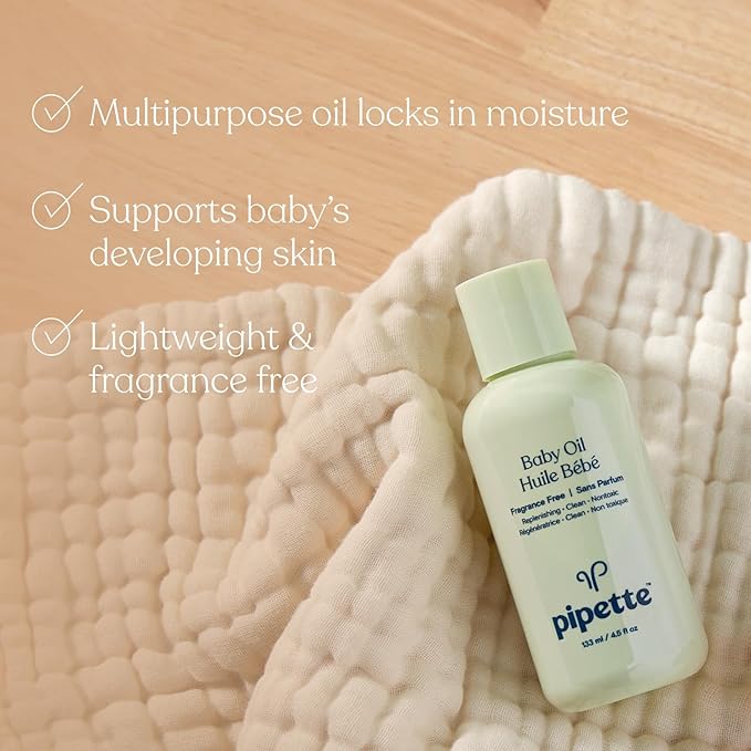 Pipette Baby Oil - Nurture, Moisturize Baby Skin, Vitamin E, Sensitive, Dry Skin, Fragrance Free with Renewable Plant-Derived Squalane, 4.5 fl oz