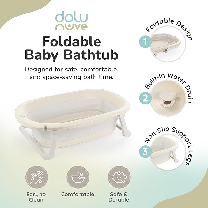 Dolu Nuve Foldable Baby Bathtub, Collapsible Infant and Toddler Bath Tub with Non Slip Feet, Portable Design for Bathroom or Travel, Relax Beige