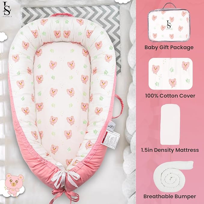 Baby Lounger for Newborn 0-24 Months – Ultra Soft Organic Cotton Infant Lounger – Reversible, Adjustable & Portable Baby Nest for Home & Travel – Soft, Breathable, Washable Cover by Leosole