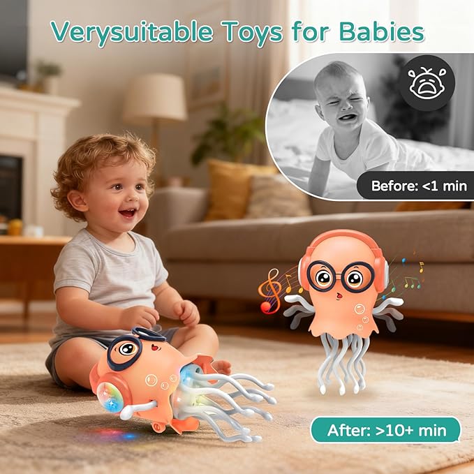 Magic Electric Dancing Jellyfish Toy with Led Light and Music,Playful Automatic Steer Crawling Dancing Baby Toy with Smart Tentacle Explorer,Octopus Toy,Tummy Time Toys (Orange)