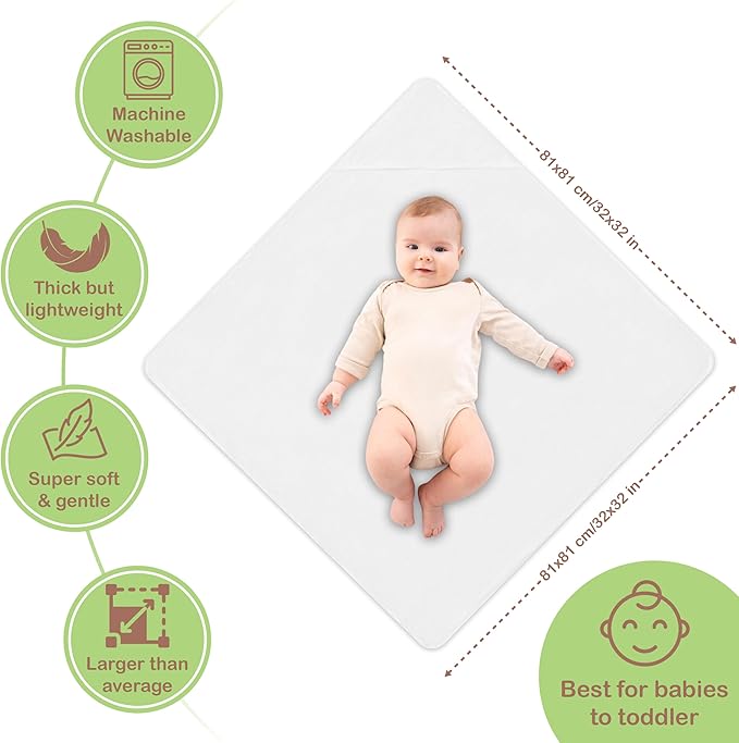 100% Organic Cotton Muslin Baby Hooded Towels - 32x32 Inch, 2 Pack Newborn Bath Towels for Boys & Girls, Soft & Absorbent Bath Set (White)