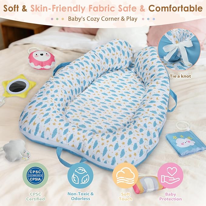 7-in-1 Baby Play Mat & Activity Gym, 0-12 Months Multi-Use Play Center with 5 Hanging Sensory Toys, Early Skill Building, Stars