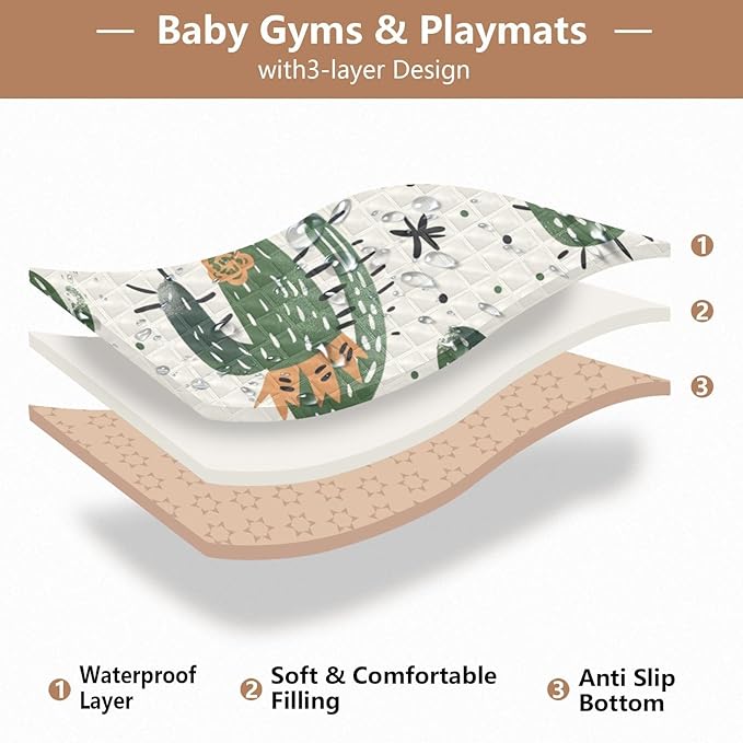 Baby Play Mat Green Cactus Cowboy Boho 50 x 50 Playpen Mat Baby Play Mats for Floor Play Gym Crawling Mat Non-Slip Cushioned Baby Playmat for Infants, Babies, Toddlers