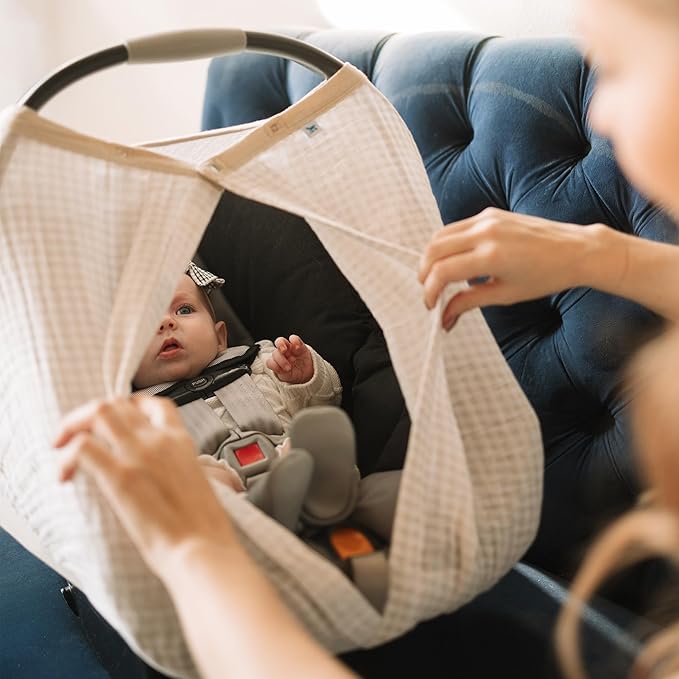 Little Unicorn Baby Car Seat Canopy | Soft & Breathable Muslin Fabric | Magnetic Closure Cover & Universal Fit | for Protection & Privacy | Nursing Cover (Tan Gingham)