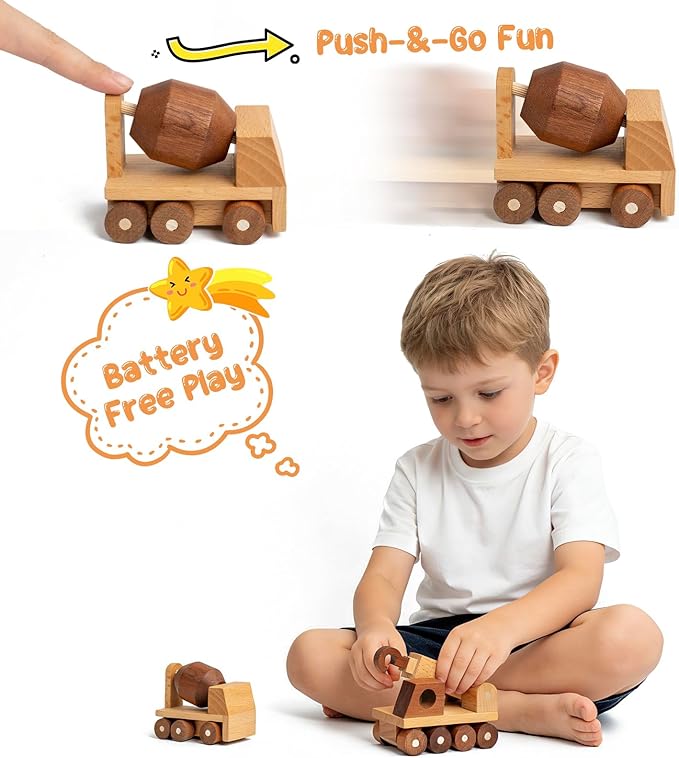Wooden Toy Cars for 3 Year Old Boys & Girls - Construction Vehicles Set Push Toys for Toddlers, Wood Montessori Car with Rolling Wheels, Natural Wood Toys (Crane & Concrete Mixer Truck)