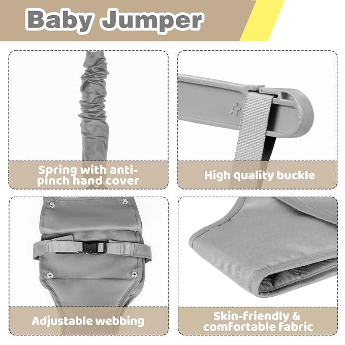 Baby Jumper with Stand, Infant Jumper with Adjustment Strap, Indoor/Outdoor Toddler Swing Set, Baby Jumpers and Bouncers for Boys Girls 6-24 Months, Easy to Assemble & Store (Gray)