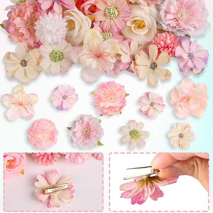 Leery 20 PCS Boho Flower Hair Clips for Women - Rose Hair Barrettes, Wedding Hairpins, Bridal Headpiece, Hawaiian Silk Floral Clips (Pale Pink‌)
