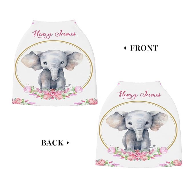 Personalized Car Seat Covers with Name, Elephant Baby Canopy Carrier Cover, Breathable Breastfeeding Nursing Cover, Stretchy Multi-Use Infant Carseat Stroller Cover