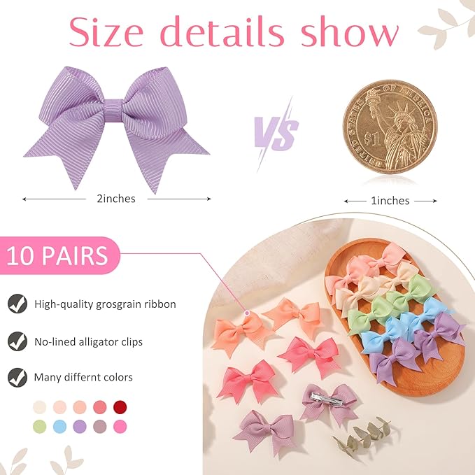yoyokid 20PCS 2 Inch Baby Hair Bows for Girls, Mini Grosgrain Ribbon Alligator Clips for Infants Toddlers in Pairs, 10 Colors B