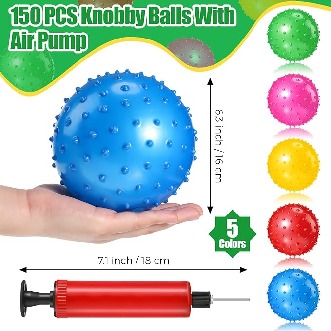 Jexine 150 Pcs 6.3 Inch Knobby Balls Bulk Spiky Bounce Ball Sensory Balls with Air Pump Small Inflatable Bouncy Balls Soft Bounce Party Favors for Kids Baby Massage Stress Play Set, 5 Assorted Colors