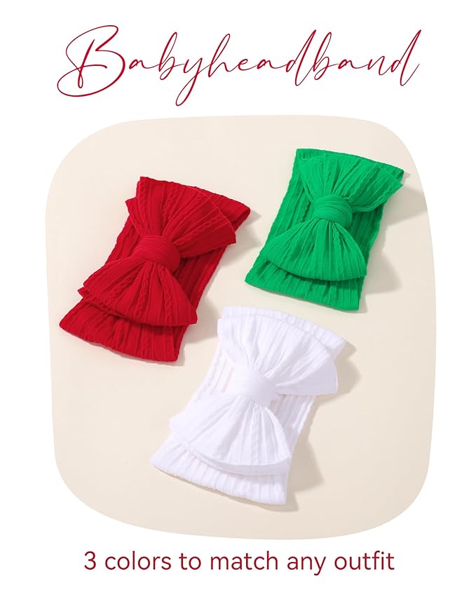 jollybows 3PCS Baby Christmas Bow Headbands Soft Nylon Baby Girl Headbands for Newborn Infant Toddler Kids Cute Bow Wide Hairbands Hair Accessories(White Green Red-Merry Christmas)