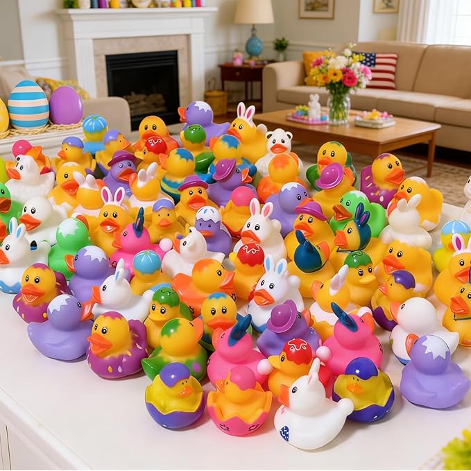72PCS Easter Rubber Ducks Bulk Rubber Ducks for Jeeps Easter Bunny Ducks Basket Stuffers Easter Bulk for Kids Baby Bath Toys Easter Party Favor
