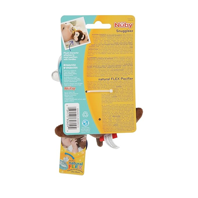 Nuby Soft Plush Pacifinder with Detachable Silicone Pacifier: 0-6 Months, Sloth, Natural Cherry Shape, Brown, one Size