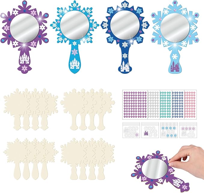 Thyle 16 Pack Princess Wonderland Mirrors Crafts Winter Snow Princess Snowflake Wooden Mirror Craft Kits Decorate Your Own Snowflake Kits for Winter Christmas Party Decorations Birthday Supplies Gift