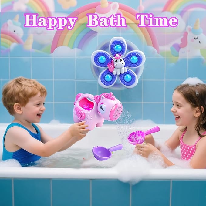 Baby Bath Toys for Kids Ages 1-3, Bathtub Toys for Babies 6-12-18 Months Toddlers, Suction Cup Spinner Toys & Unicorn Watering Can, Sand Beach Pool Water Table Toys for Infants Girls 1 2 3 4(Pink)
