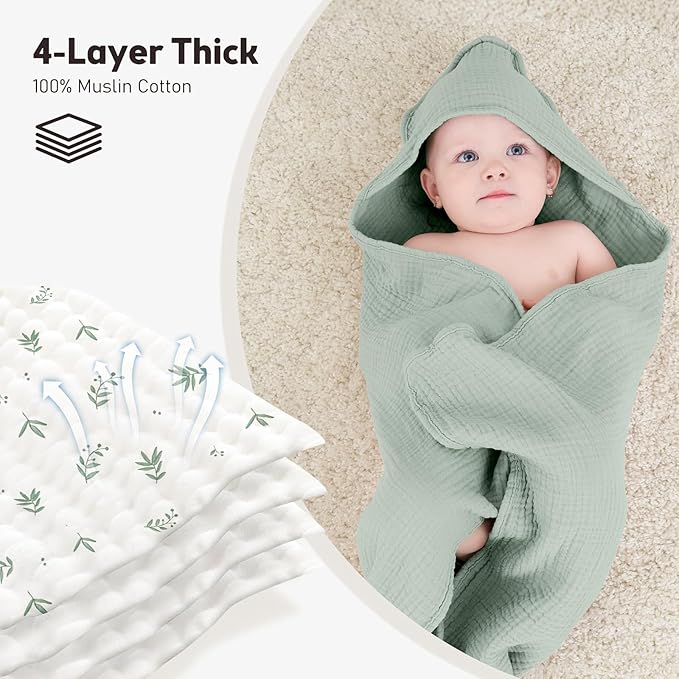 Susurration 2 Pack Thick Muslin Baby Towels, 100% Cotton Soft and Absorbent Baby Bath Hooded Towel for Newborn, Infant, Girls, Boys, Baby Essentials