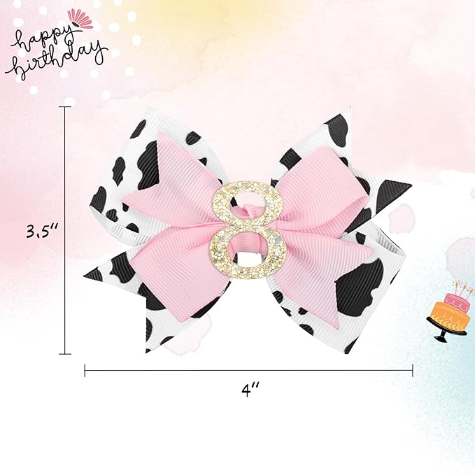 YanJie 4'' Baby Girl Birthday Hair Bow for 8 Year Old Girls Cow Print Glitter Pink Toddler Hair Clips Hair Accessories Birthday Bows for Eight Years