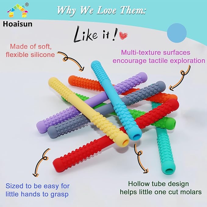 Teething Straws Sticks for Babies 6-12 12-18 Months, 8 Pack Teething Toys 3-6 Months, Silicone Teethers for Babies Toddlers Nursing Biting Chewing, Autism Chew Toys for Sensory Kids Teething Relief