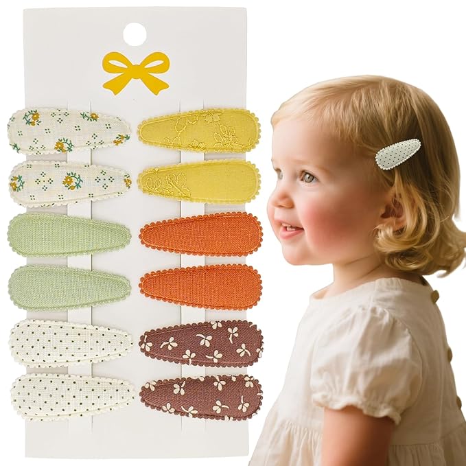 12 Pcs Floral and Solid Baby Hair Clips - 6 Styles Snap Barrettes (2 Each) for Girls & Toddlers, Non-Slip Toddler Hair Clips for Easy Outfit Matching