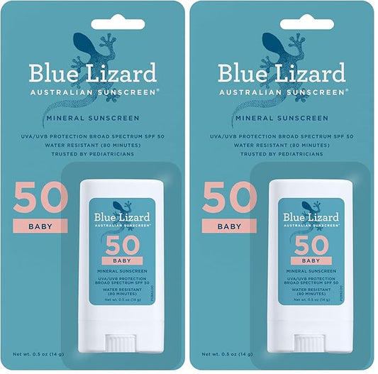 Blue Lizard BABY Mineral Sunscreen Stick with Zinc Oxide,SPF 50+,Water Resistant,UVA/UVB Protection - Easy to apply,Fragrance Free,.5 oz,(Pack of 2)