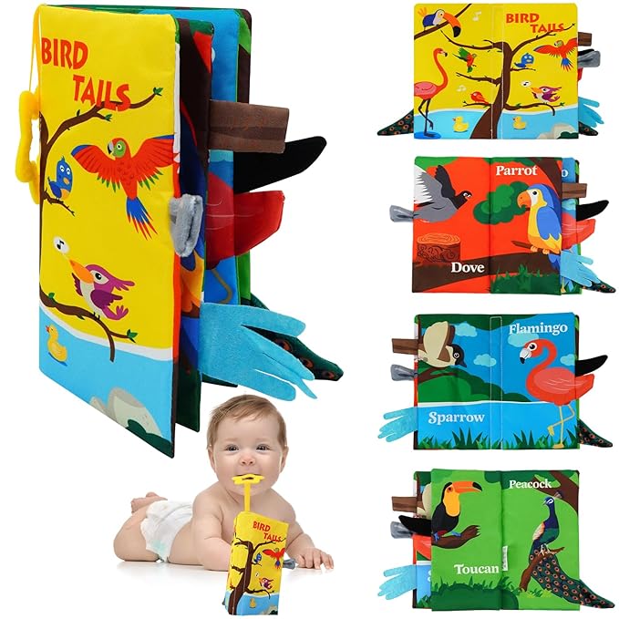 Baby Books Toys 0-12 Months with Teether,Tummy Time Crinkle Sensory Toys,High Contrast Touch & Feel Soft Book, Early Learning Infant Toys,Shower Gift for Boys Girls (Flying Animals)
