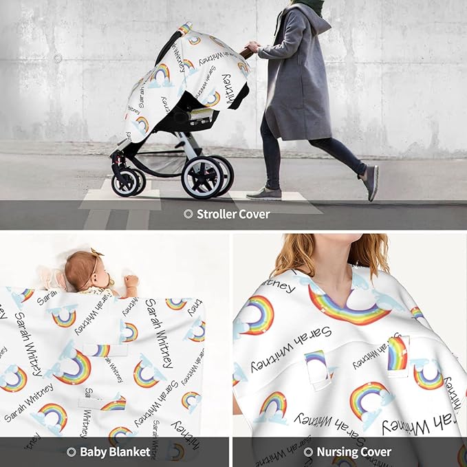 Personalized Baby Car Seat Cover Canopy with Name for Girls Boys Custom Rainbow Baby Carrier Covers