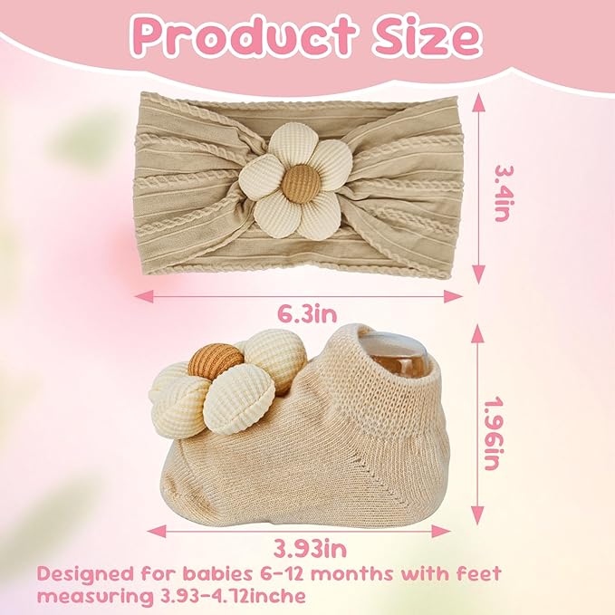 Baby Girl Headbands and Socks Set, Non-Slip Socks with Flower Hairbands, Comfortable Newborn Infant Toddler Accessories (Beige/Brown, 6-12 months)