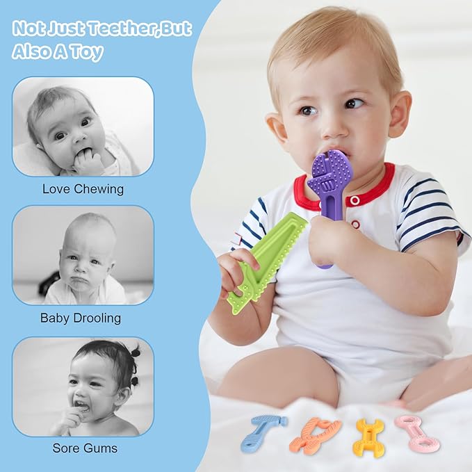 Yinghezu 8 Pack Chew Baby Teething Toys for 0-12 Months, Freezable BPA Free Silicone Baby Molar Teether Chew Toys, Hammer Wrench Spanner Pliers Hand Saw Shape Baby Girl's Boy Car Seat Toy