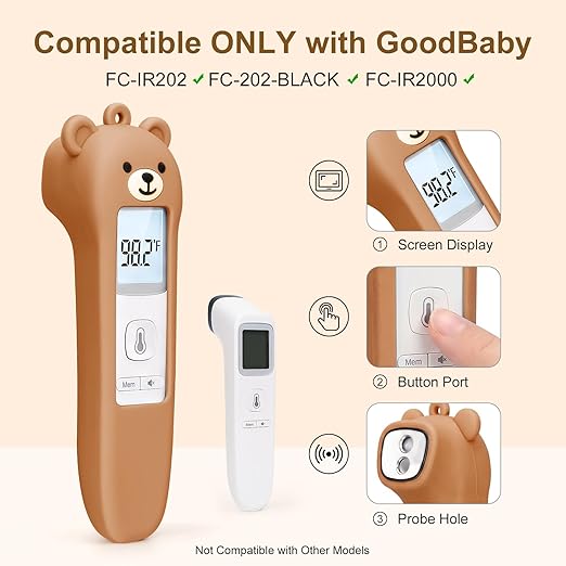 Bear Silicone Case Compatible with GoodBaby Thermometer for Adults and Kids, Cute Cartoon Thermometer Protective Case, Help Restless Baby Temperature, for Travel, Home and Outdoor (Brown)
