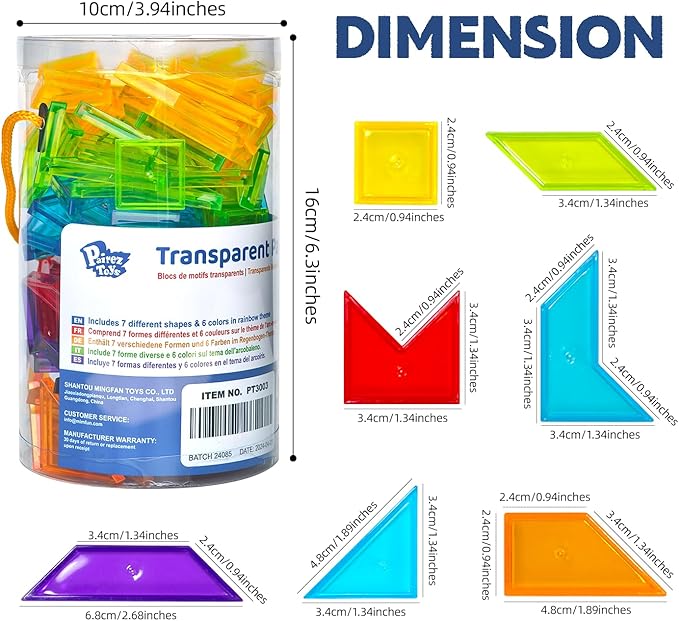Pairez Toys Transparent Pattern Blocks, 126 Pcs Geometric Shapes Blocks, Tangram Puzzles, Practice Sorting Counting Patterning, Math Manipulatives for Kids, Back to School Supplies, Teacher Supplies