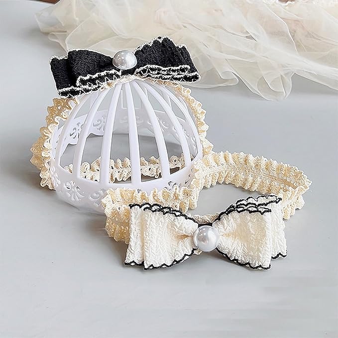 Bow Lace Headbands for Baby Girls Soft Tulle Ribbon Pearl Head Wrap Elastic Bow-knot Hair Band Shower Birthday Hair Accessory for Newborn Infant Toddler (Black A, Elastic)