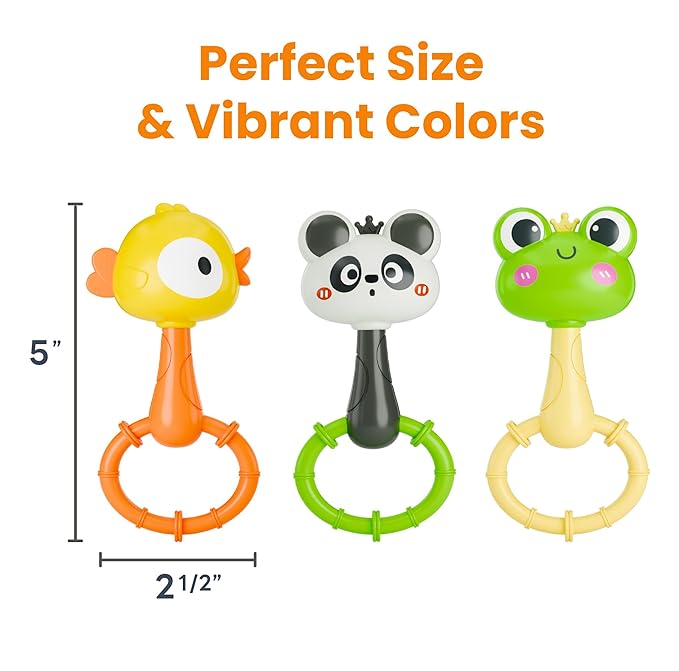 iPlay, iLearn Baby Maracas Rattle Toy, Infant Animal Shaker Rattles Set, Newborn Sensory Teething Rings, Tummy Time Carseat Stroller Crib Toy, Birthday Gift 3 4 6 7 9 12 18 Month Old Toddler Girl Boy